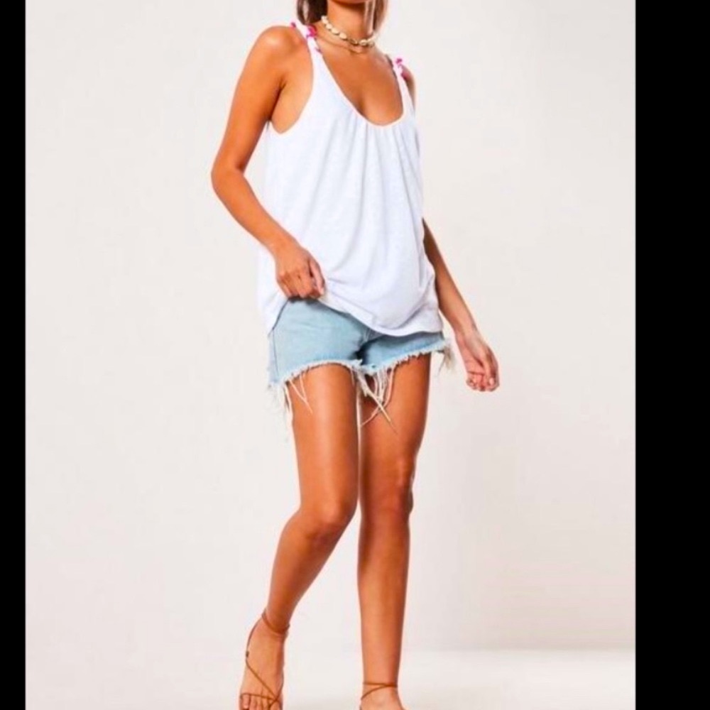 Neon Pink Lil PomPom Tassel Trim On Straps.A Deep V Neck White Tank Top